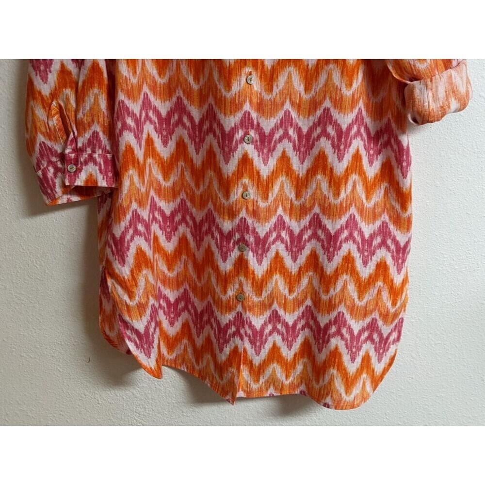 CHICO'S 100% Linen Multi-Colored Shirt Dress Swim Cover Roll-Tab Sleeves 3/16 - Picture 5 of 10